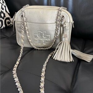 Tory Burch Silver Crossbody Bag with tassels!! Authentic bag with dust bag!